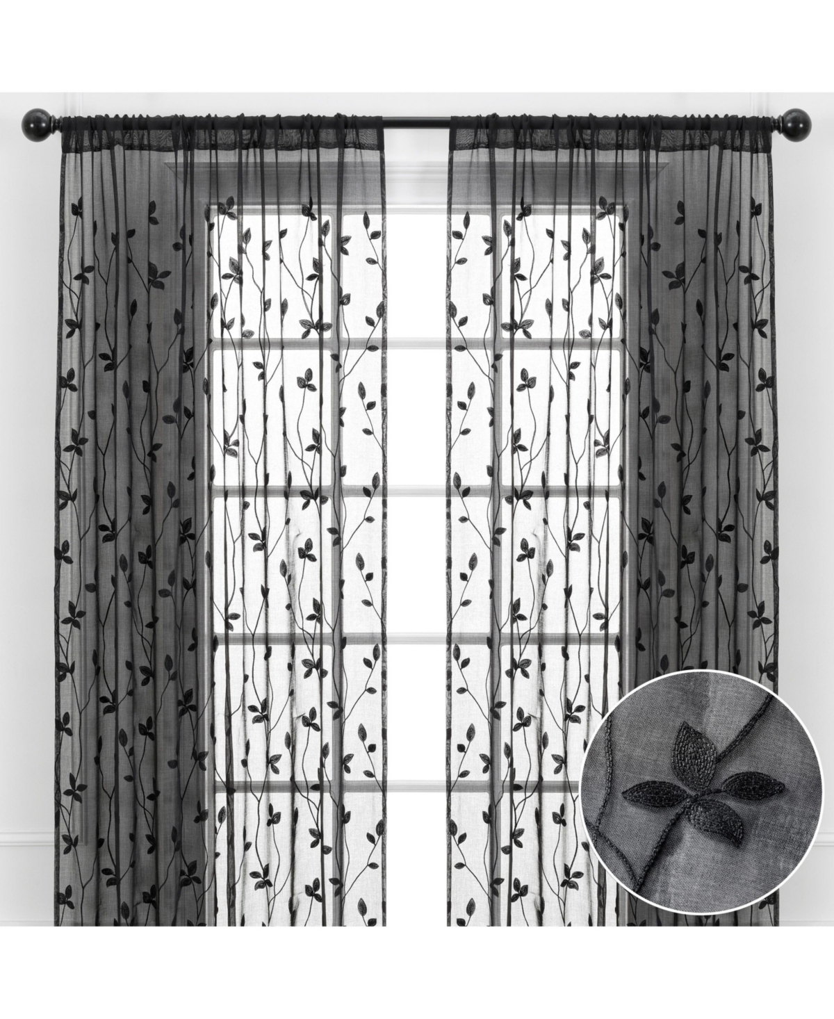 Premium Embroidered Vine Curtains - Sheer Curtains for Living Room, Bedroom, Kitchen - 52" x 63" - White, 2 Panels - Black