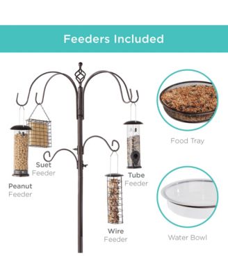 89in 6-Hook Bird Feeding Station, Steel Multi-Feeder Stand w/ 4 Feeders, Tray, Bird Bath