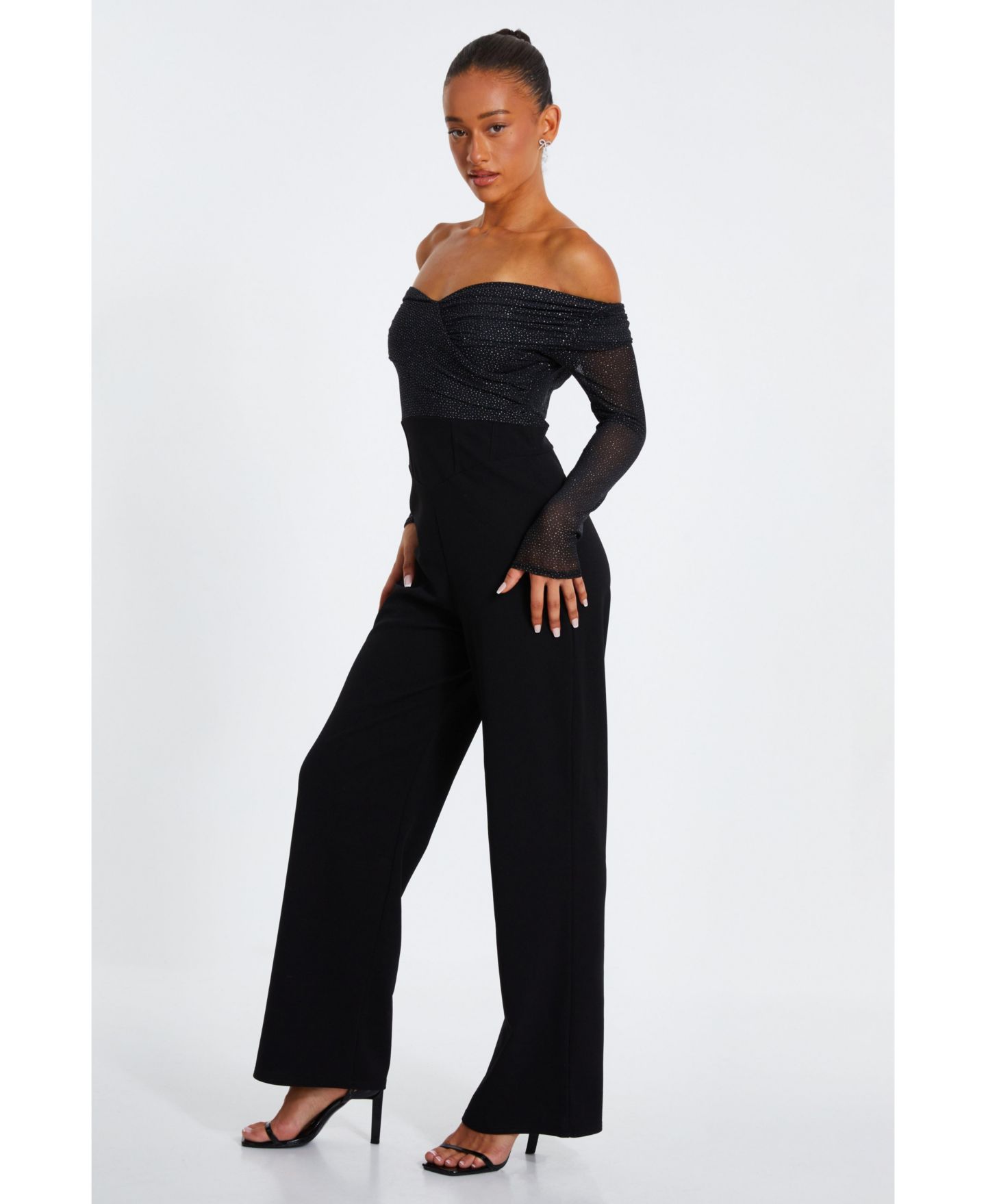 Женский комбинезон QUIZ Glitter Mesh Bardot Scuba Crepe Palazzo Jumpsuit, цвет: Чёрный — фото 2