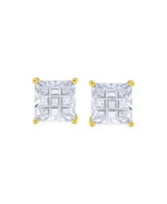 Square CZ Cubic Zirconia Invisible Cut Stud Earrings 14K Gold Plated .925 Sterling Silver