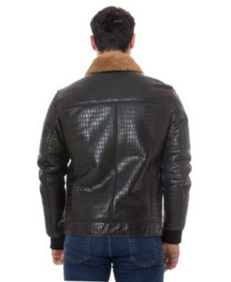 Men's Shearling Bomber Jacket, Brown Crocodile Emboss with Ginger Wool