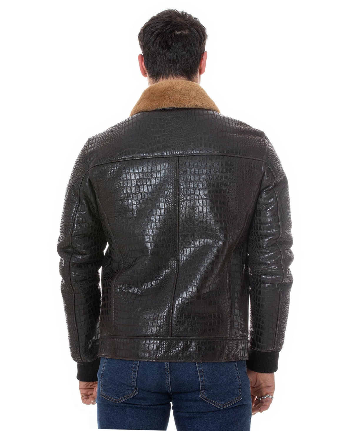 Furniq Uk Men's Shearling Bomber Jacket,Crocodile Emboss with Ginger Wool - Brown