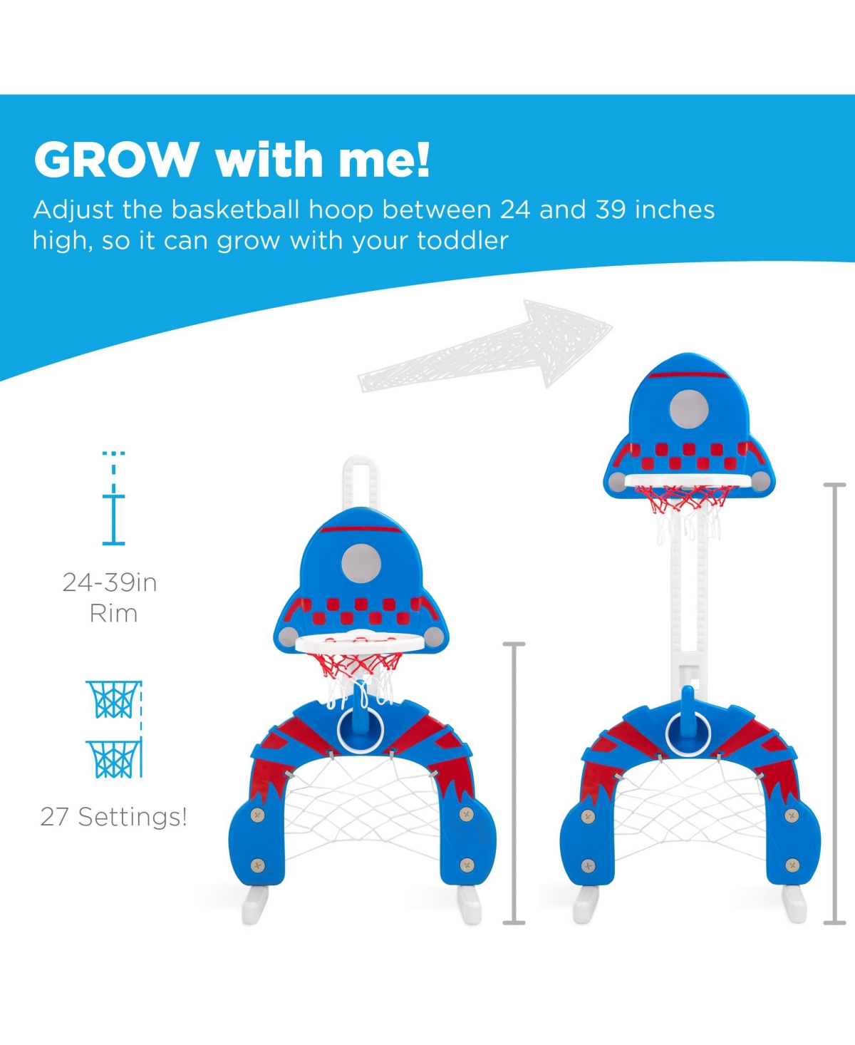 Best Choice Products 3-in-1 Toddler Basketball Hoop Sports Activity Center Grow With Me Play Set - Blue with ring toss
