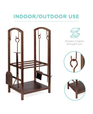 5-Piece Firewood Log Rack Holder Tools Set for Fireplace w/ Hook, Broom, Shovel, Tongs