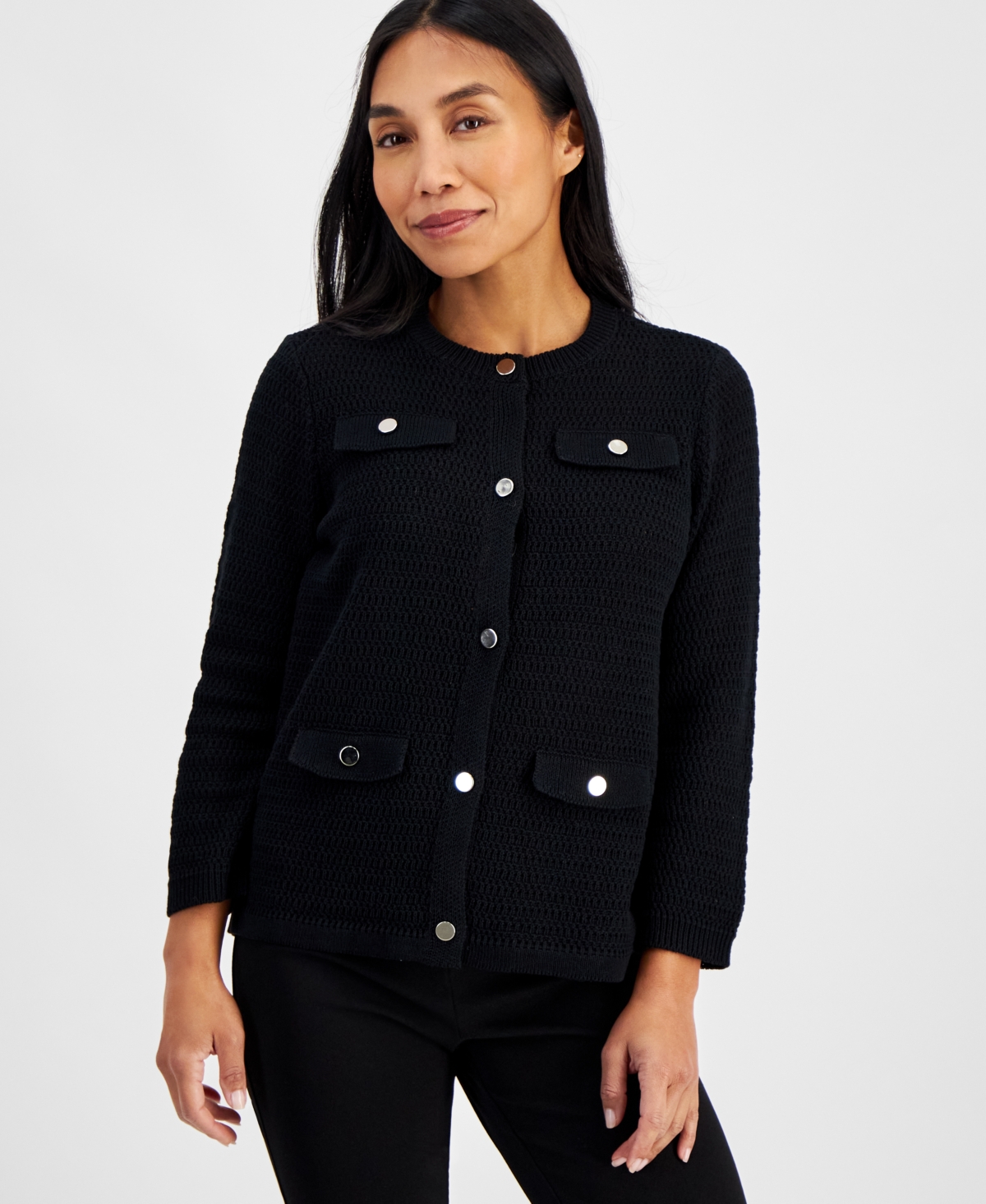 Ak Anne Klein Petite Pocket Button-front Cardigan In Anne Black