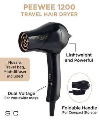 Peewee 1200 Folding Handle Dual Voltage Compact Travel Hair Dryer with Nozzle, Diffuser, and Travel Bag