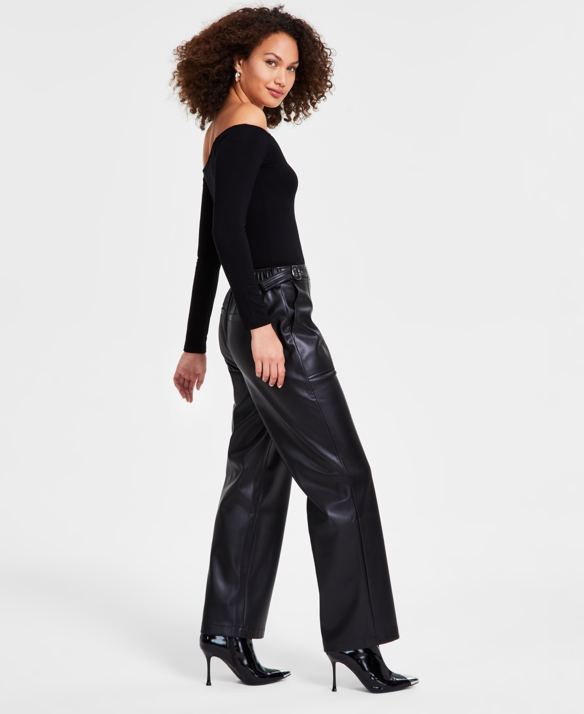 Bar Iii Women's Faux-leather Belt-waist Straight Pants, Created For Macy's In Deep Black