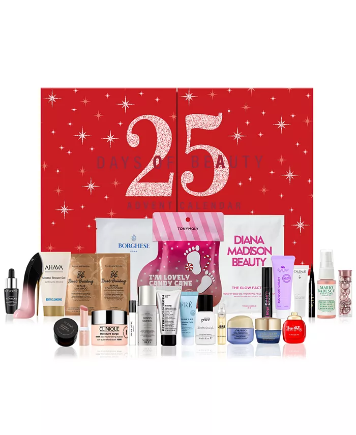 A red advent calendar with 25 beauty products in front of it