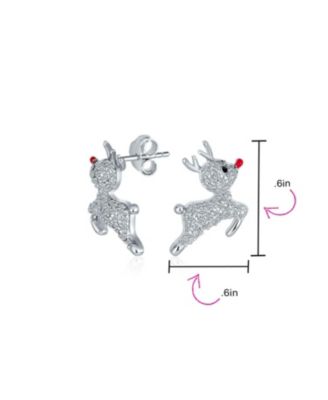 Delicate CZ Encrusted Cubic Zirconia Holiday Christmas Rudolph Red Nose Reindeer Stud Earrings Sterling Silver