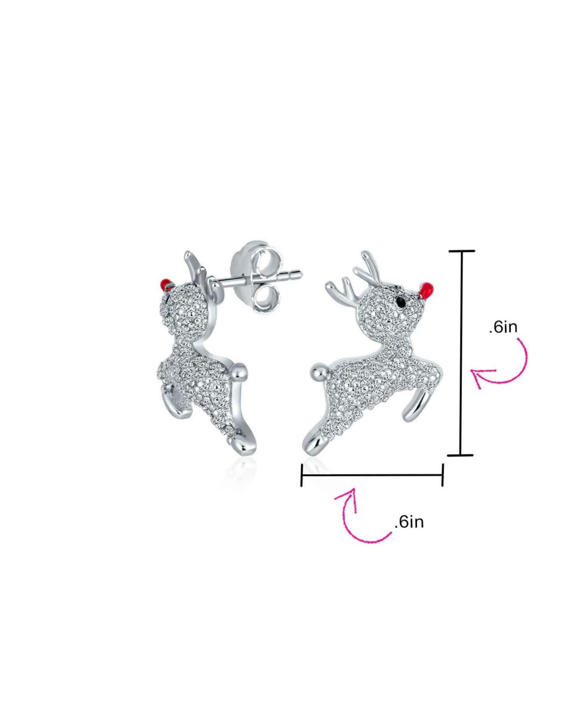 Bling Jewelry Delicate Cz Encrusted Pave Cubic Zirconia Holiday Xmas Christmas Rudolph Red Nose Reindeer Stud Earrings .925 Sterling Silver