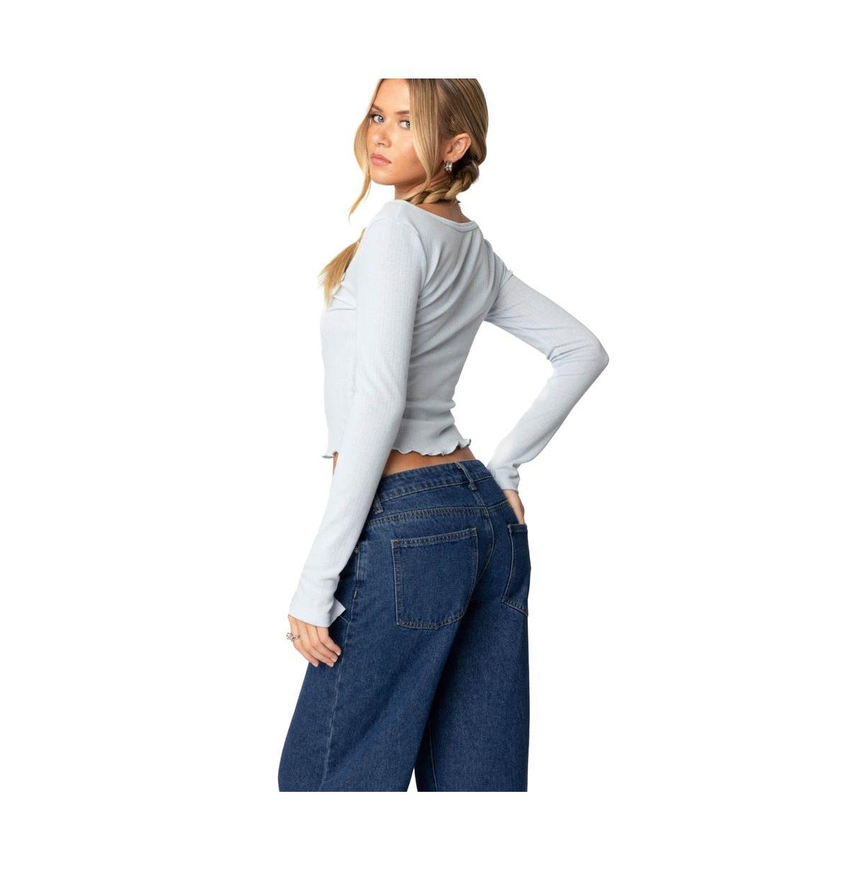Edikted Women's Ollie Button Front Pointelle Top - Light-blue