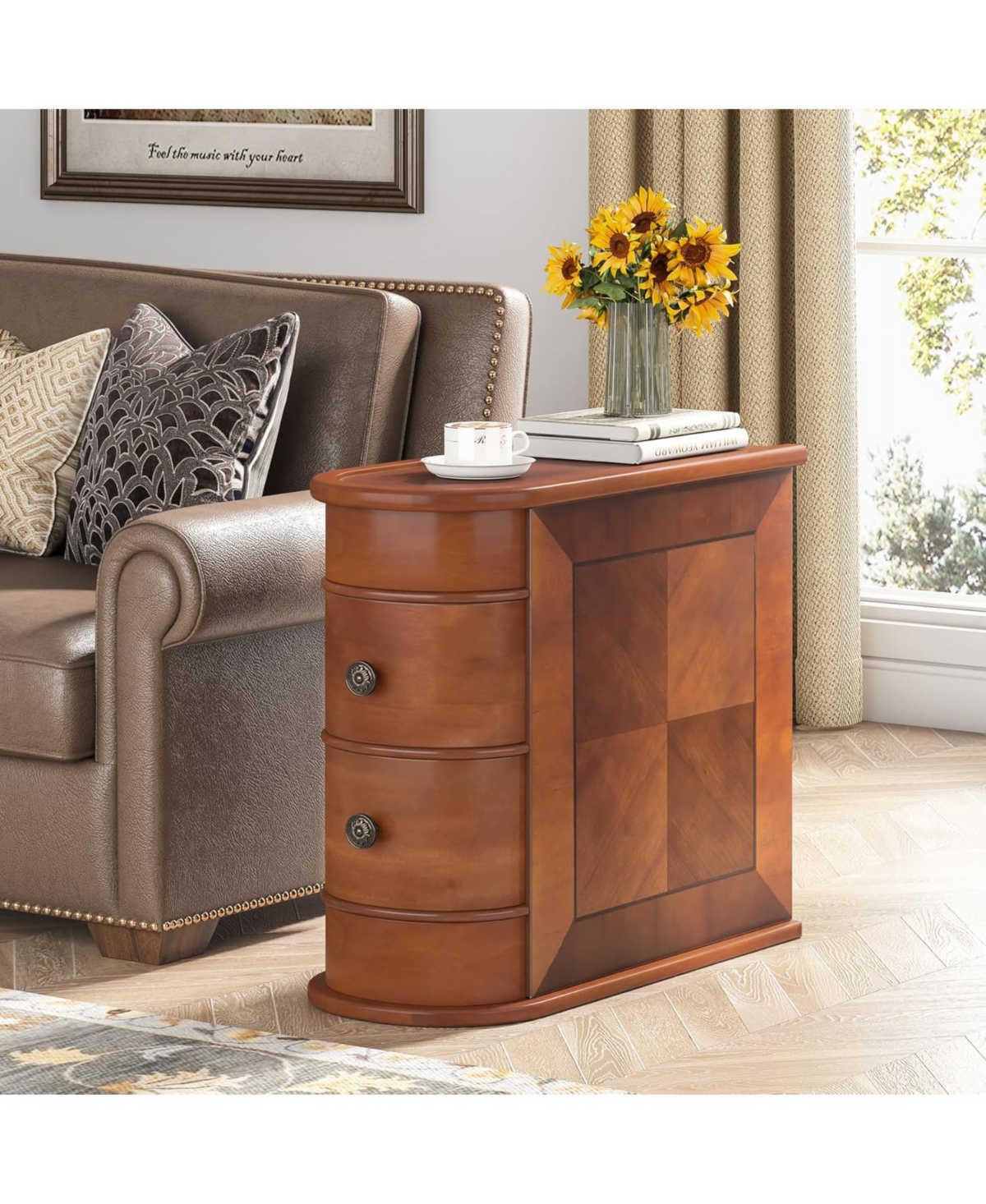 Tribesigns End Table with 2 Drawers, Black Sofa Side Table with Storage, No Assembly Required, Closed Back, Slim Nightstand Vintage Wood Chairside Bed