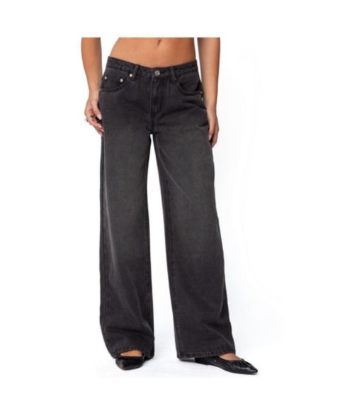 Женские джинсы Edikted 1980 Leopard Patch Low Rise Baggy, цвет: Чёрный потёртый