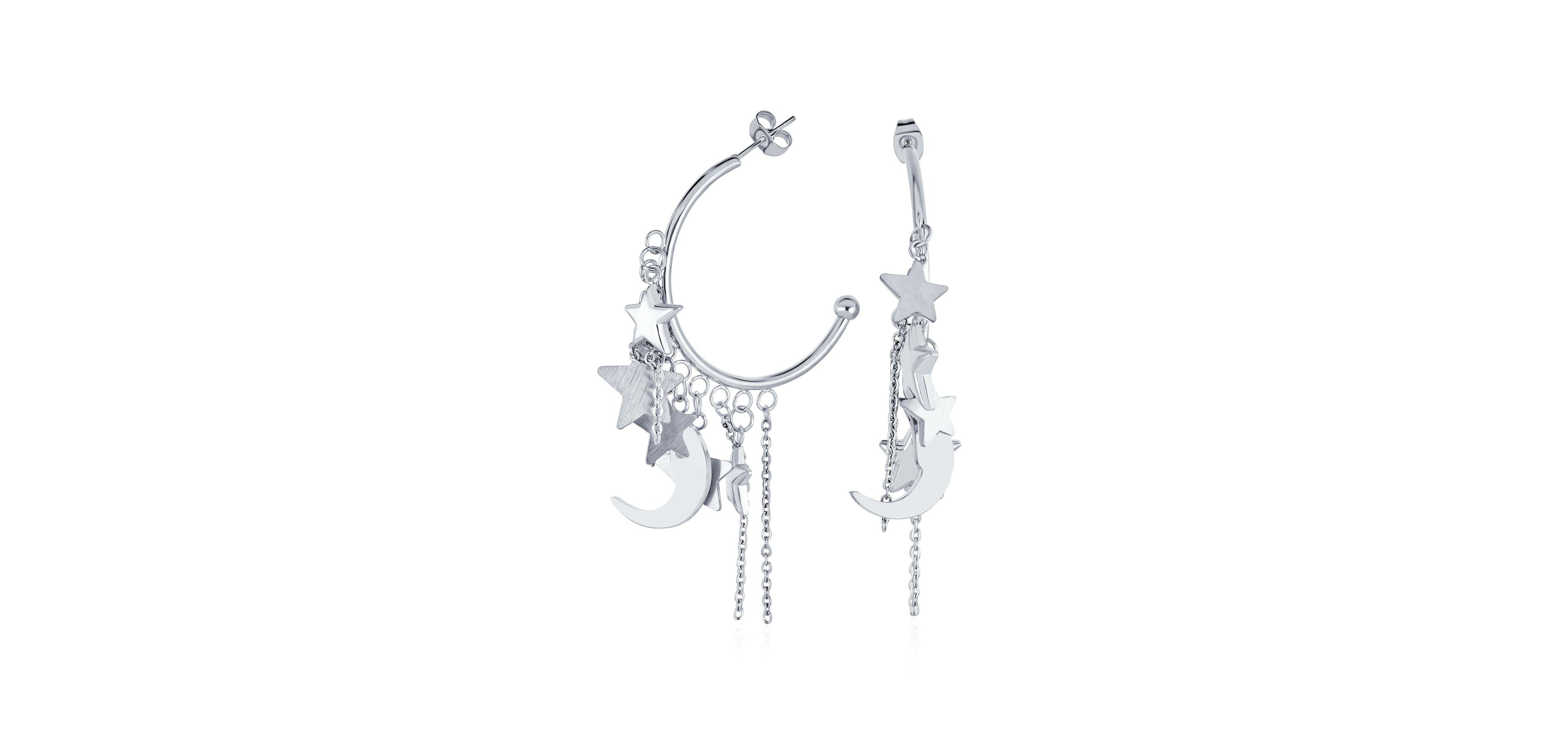 Bling Jewelry Trendy Moon Stars Dangling Charm Crescent Large Hoop Stud Earrings
