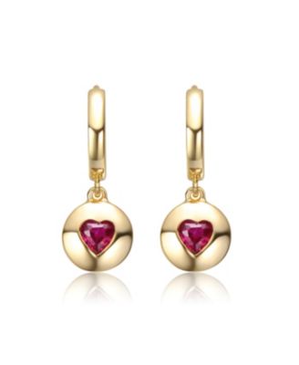 Sterling Silver 14K Gold Plated with Red Cubic Zirconia Dangle Earrings