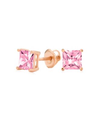 .50 CT Pink CZ Princess Cut Stud Earrings Morganite Cubic Zirconia Rose Gold Plated .925 Sterling Silver Screw Back 5MM