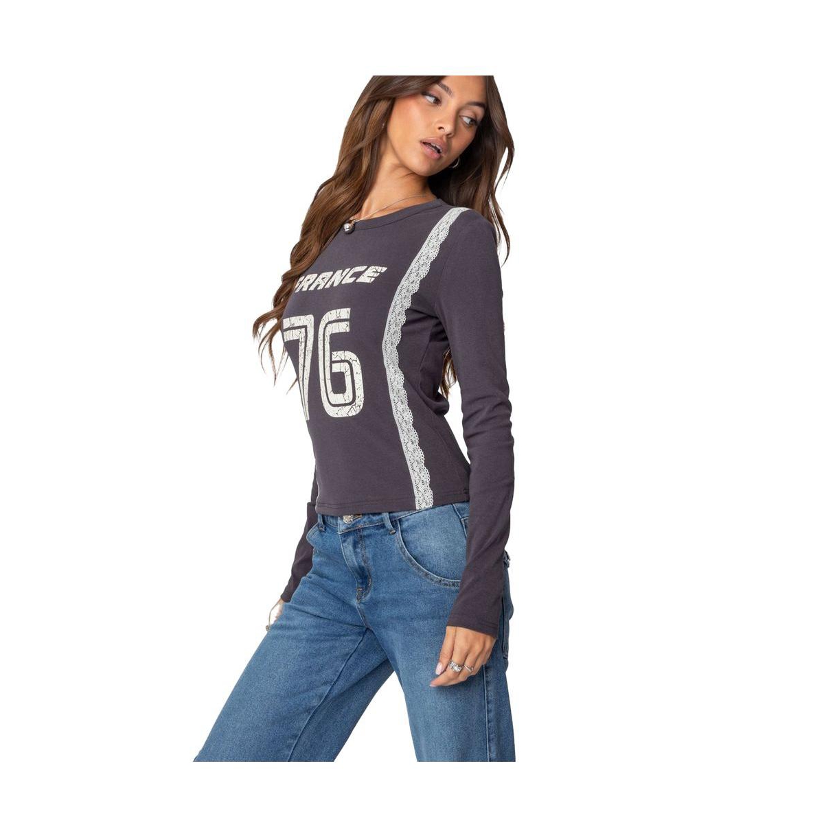 Edikted Women's Frenchy Long Sleeve T Shirt - Dark-gray