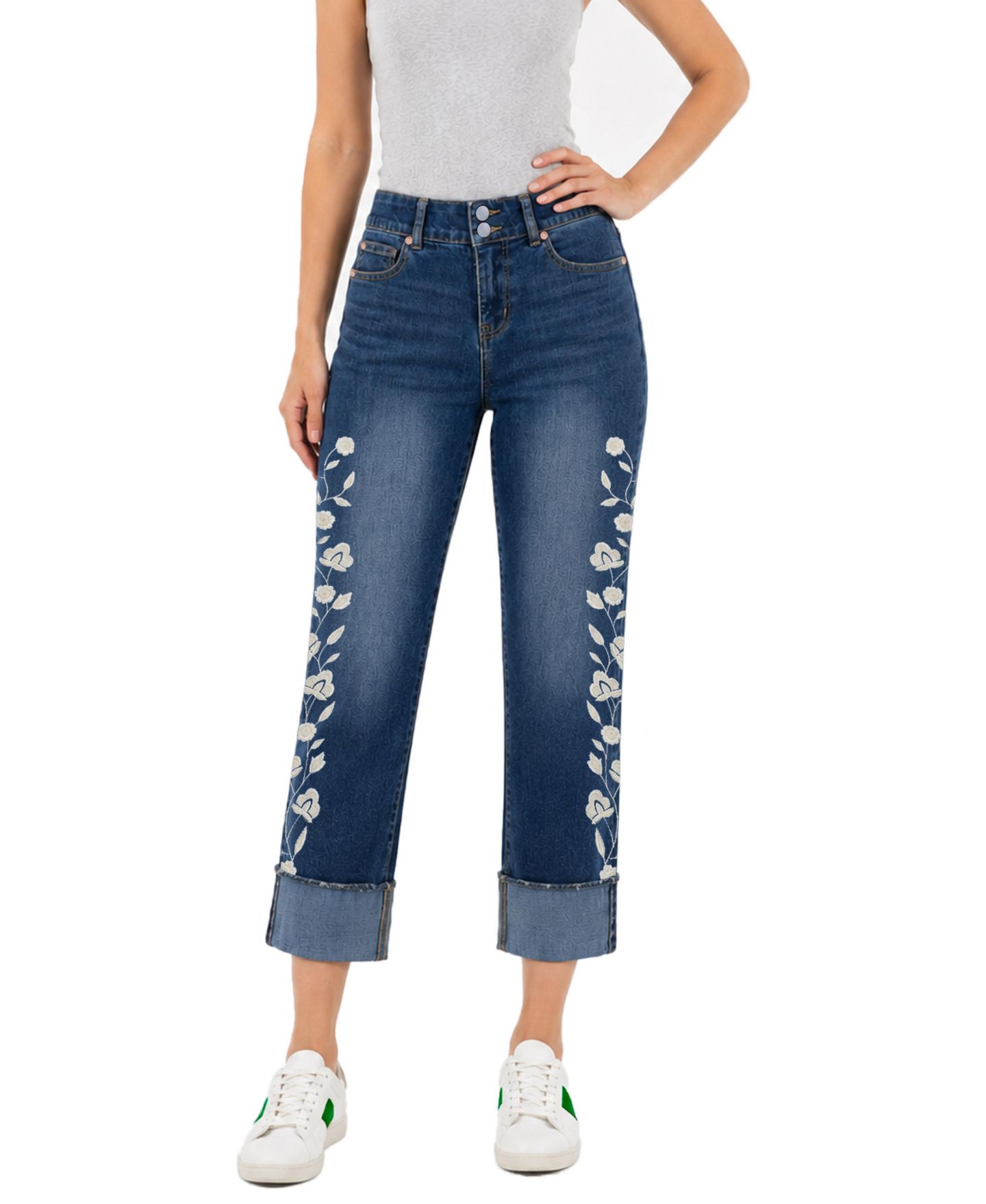 Женские брюки Indigo Poppy Two Button Tummy Control Embroidered Wide Cuff Crop, цвет: Синий — фото 1