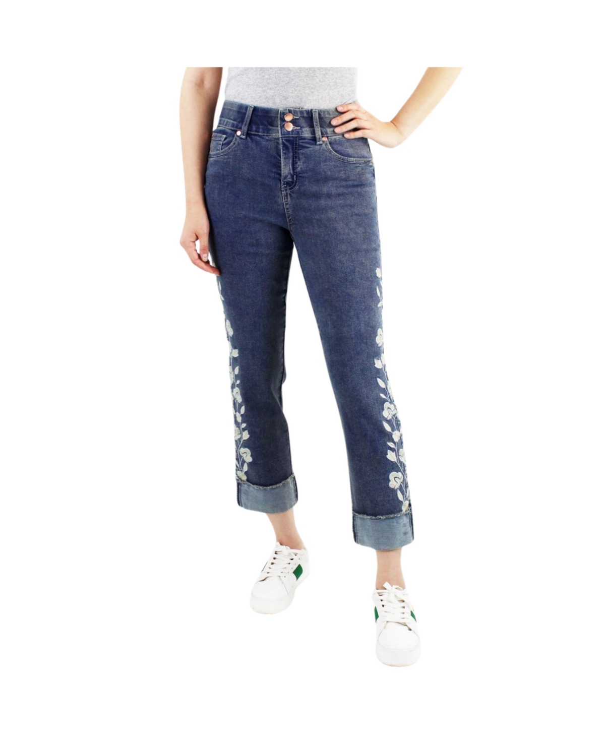 Women's Two Button Tummy Control Embroidered Wide Cuff Crop - Blue