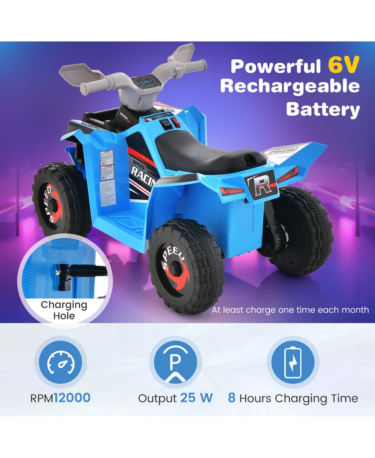 Gymax Kids Electric Ride On Atv Toy 6V Battery Powered Electric Vehicle Toy w/ Direction Control Rose Red - Blue+black