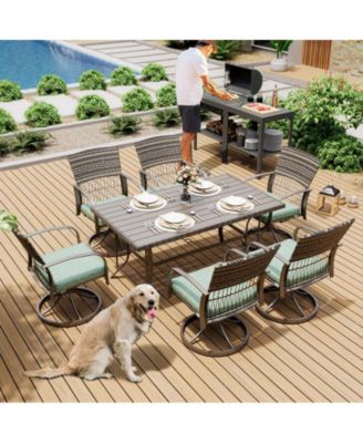 5-Piece Patio Outdoor Dining Set with Square Table and Rattan Swivel Chairs with Green Cushion