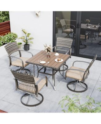 5-Piece Patio Outdoor Dining Set with Square Table and Rattan Swivel Chairs with Green Cushion