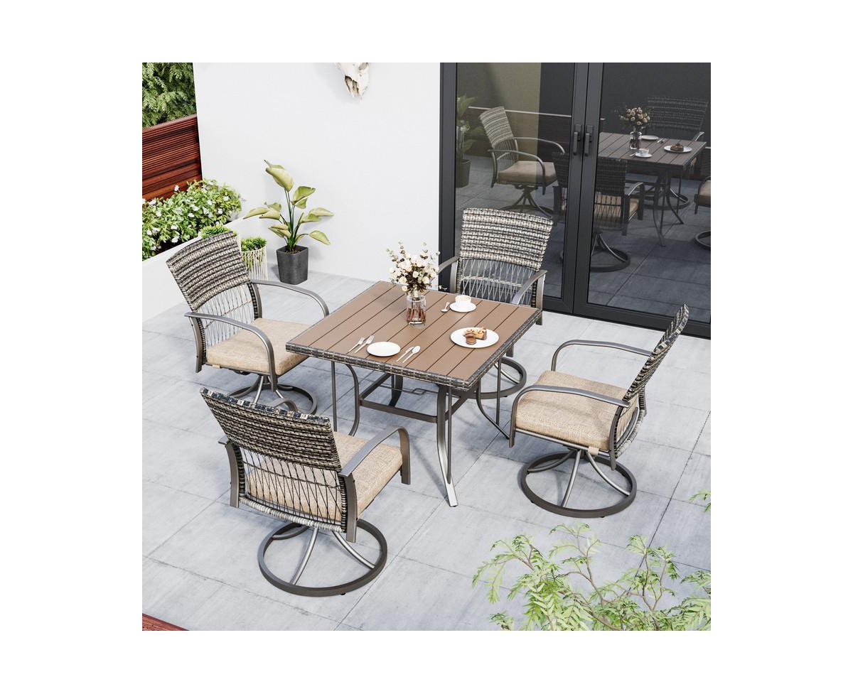 Pamapic 5-Piece Patio Outdoor Dining with Square Table and Rattan Swivel Chairs with Green Cushion