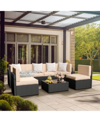 Gray 7-Piece Wicker Outdoor Sectional Set with Coffee Table and Gray Cushions