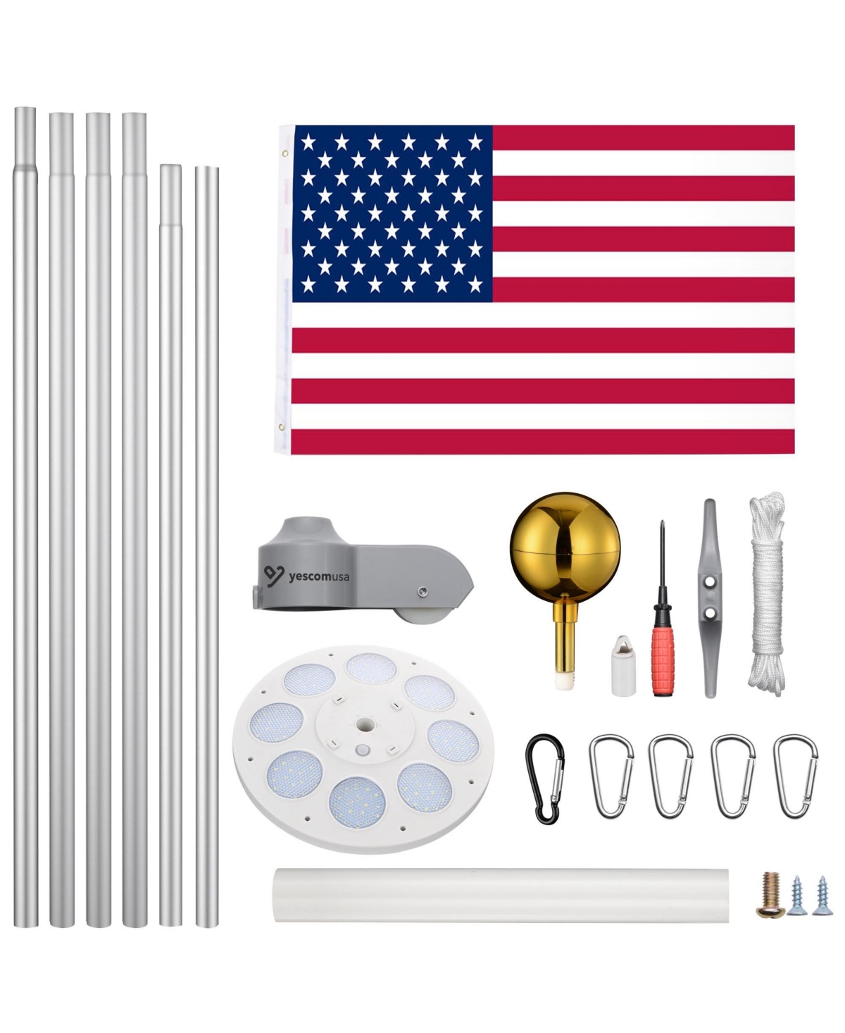 Yescom 30 Ft Sectional Aluminum Flag Pole Kit with 136 Led Solar Light Us Flag Garden