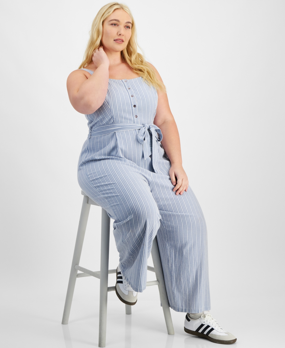 And Now This Trendy Plus Size Striped Sleeveless Jumpsuit, Exclusively At Macy's In Blue,white Stripe
