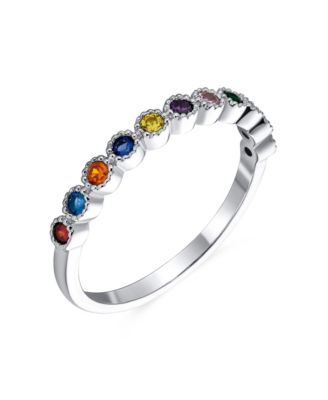  Cubic Zirconia LGBTQ Colorful Rainbow Tiny Round Multi Color CZ Half Eternity Ring  Thin Band For Women .925 Sterling Silver 1MM Stackable Rings