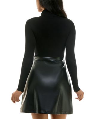 Juniors' Juniors Pleated Faux Leather Skirt Fit & Flare Sweater Dress