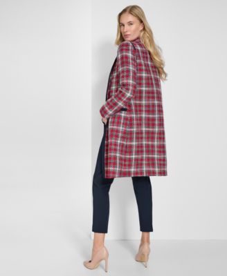 Tommy Hilfiger Womens Open Front Tweed Topper Jacket Long Sleeve Boat Neck Tie Top Pinstripe Mid Rise Ankle Length  In Mdngt,taba