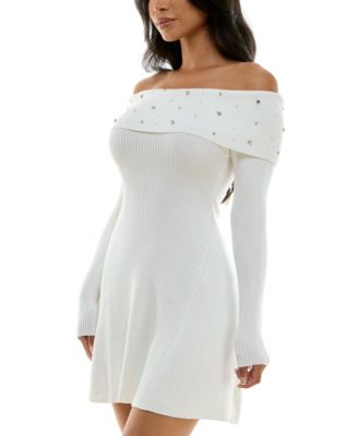 Juniors' Embellished Off-The-Shoulder Sweater Dress