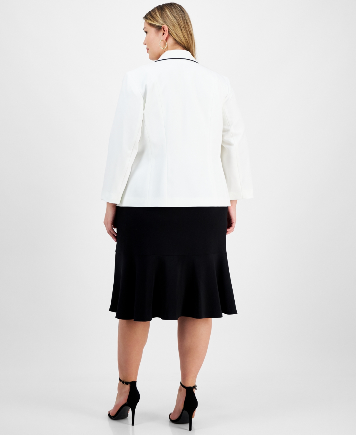Le Suit Plus Size Piped Notch-Collar Two-Button Jacket & Midi Flounce-Hem Skirt -Black