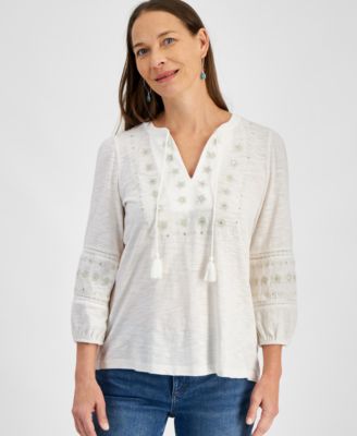 Style & Co - Petite Shine Embroidered Tassel-Tie Top