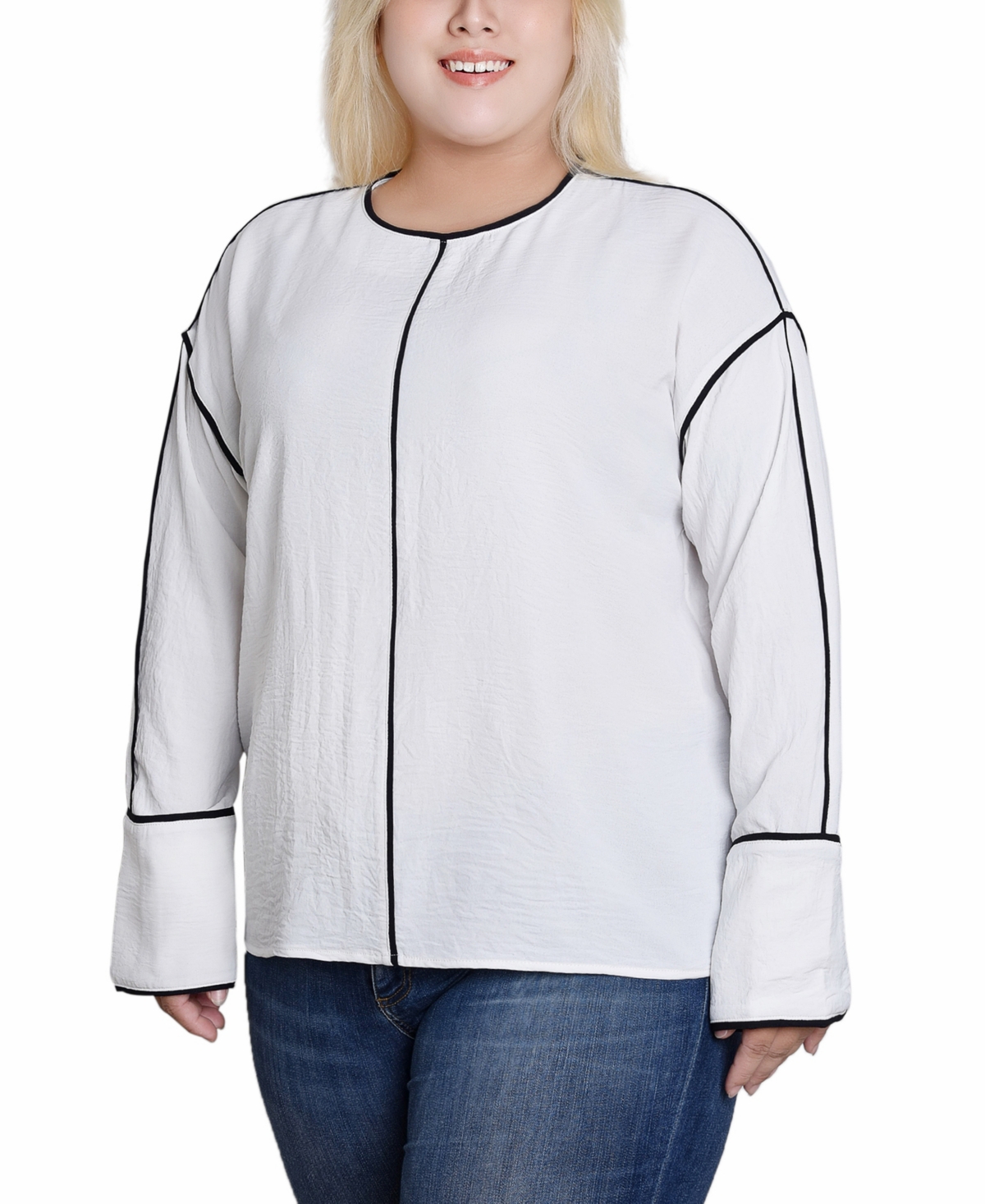 Ny Collection Plus Size Long Sleeve Contrast Piped Blouse