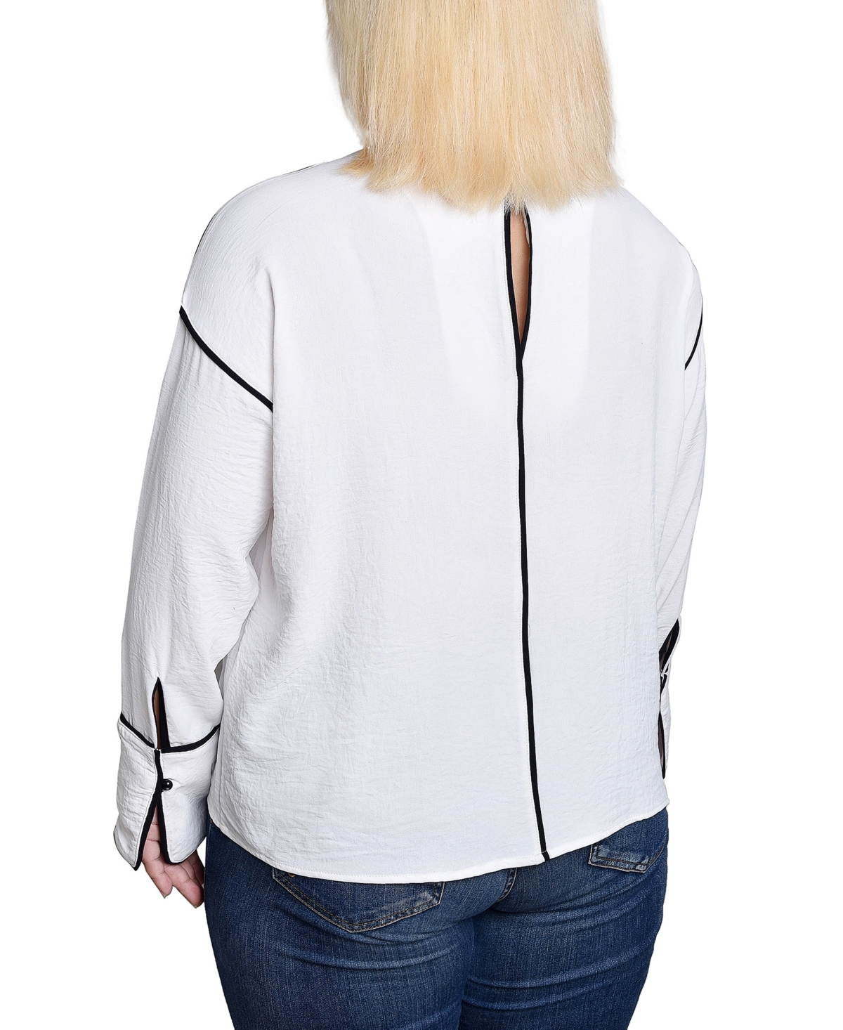 Ny Collection Plus Size Long Sleeve Contrast Piped Blouse