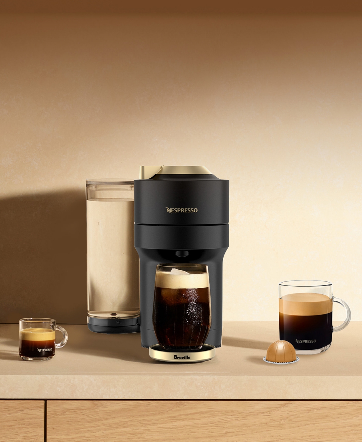 Nespresso Vertuo Pop+ Deluxe Coffee & Espresso Maker By Breville In Matte Black,gold