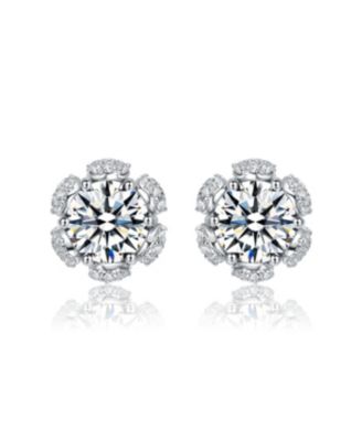 Sterling Silver White Gold Plated with Clear Cubic Zirconia Flower Halo Stud Earrings