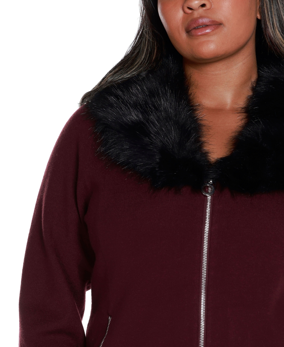 Belldini Black Label Plus Size Polyester Collar Short Zip Cardigan Sweater -Pewter