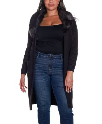 Black Label Plus Size Ribbed Collar Duster Cardigan Sweater