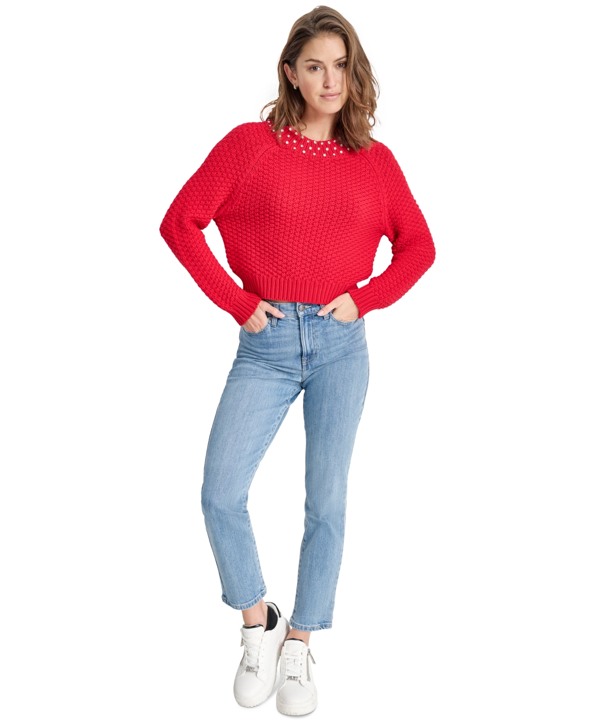 DKNY JEANS PETITE EMBELLISHED MOCK-NECK SWEATER 