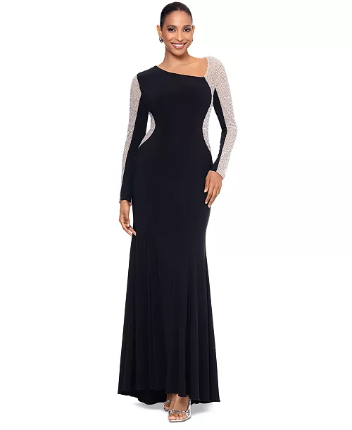 women's asymmetrical rhinestone-mesh-sleeve gown