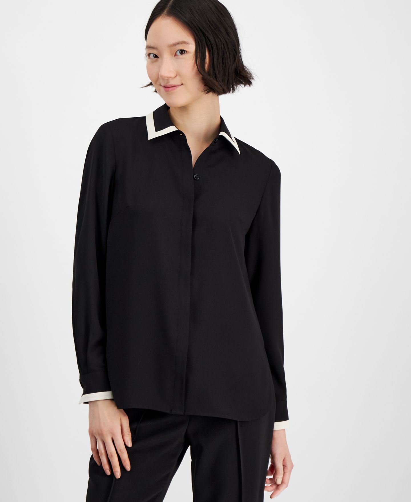 Женская блузка Anne Klein Contrast-Trim Button-Front Blouse, цвет: Чёрный — фото 5