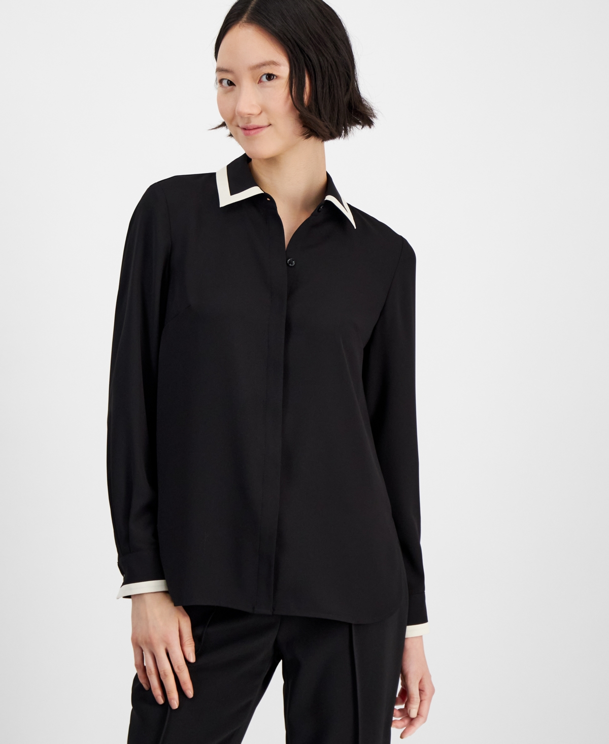 Shop Anne Klein Women's Contrast-trim Button-front Blouse In Anne Black