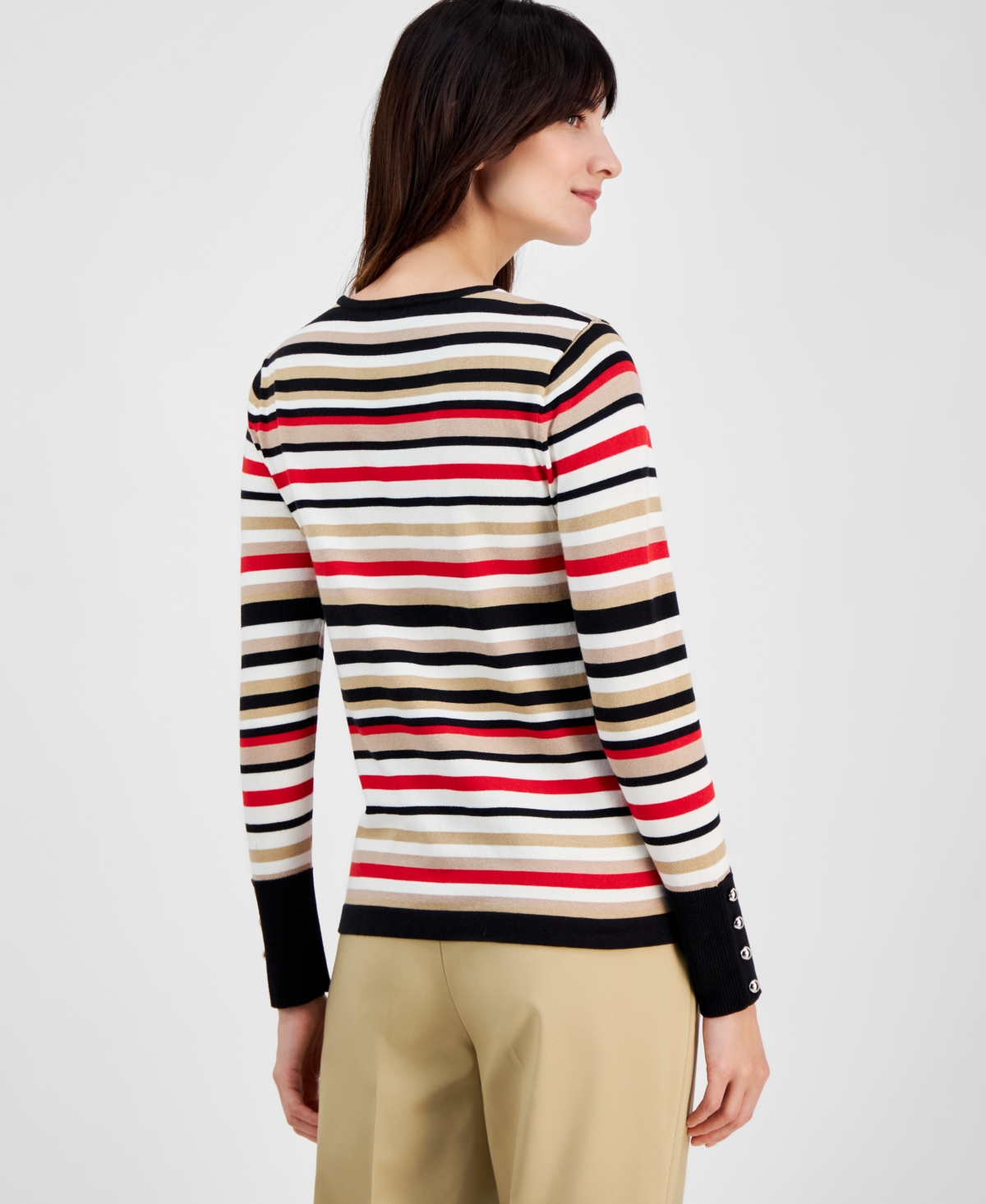Anne Klein Stripe Button Cuff Sweater In Coffee Cream Multi