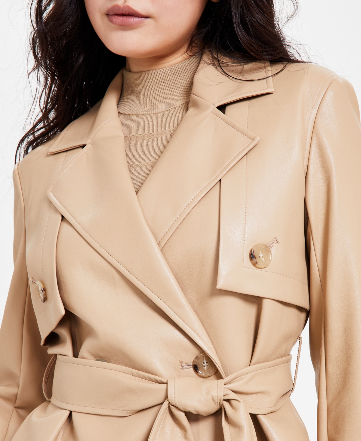 ANNE KLEIN PETITE BELTED CROSSOVER FAUX-LEATHER COAT 