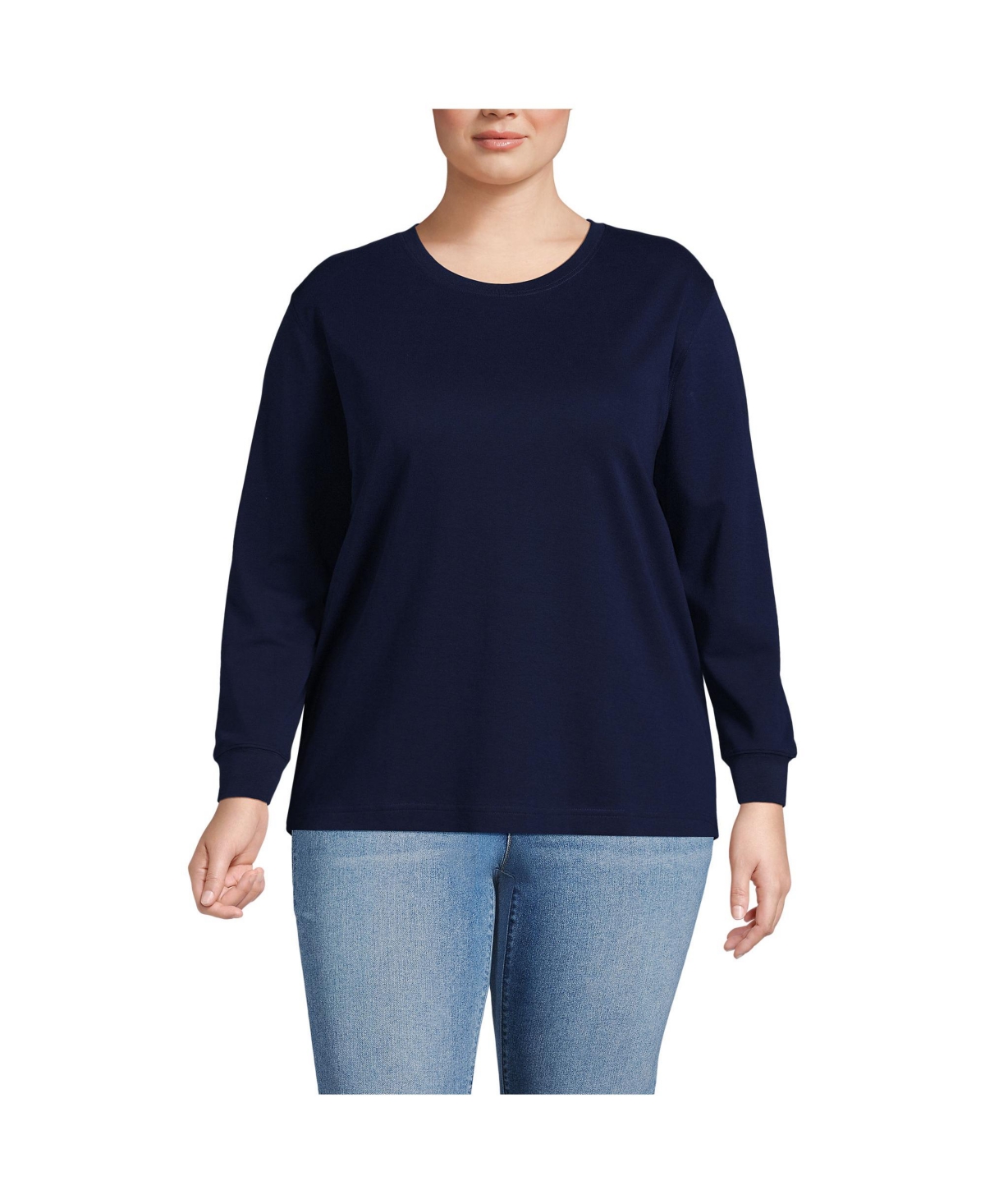 Plus Size Long Sleeve Cotton Interlock Crew T-Shirt - Clear blue