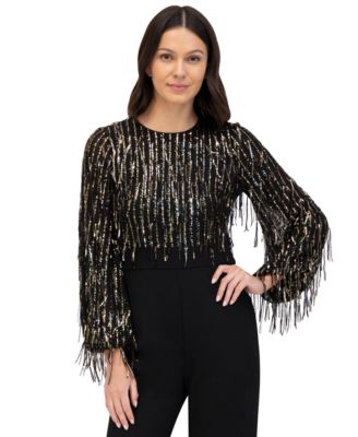 Eliza J Long Sleeve Sequin Fringe Dress Eliza J Women's  Sequinned-Fringe-Bodice Jumpsuit Macy's